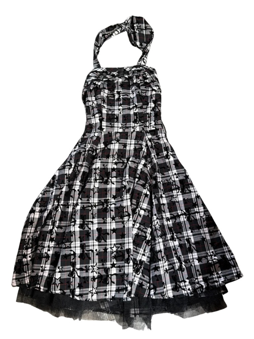 Hearts & Roses Black & White Plaid Tattoo Halter Mini Dress sz 8